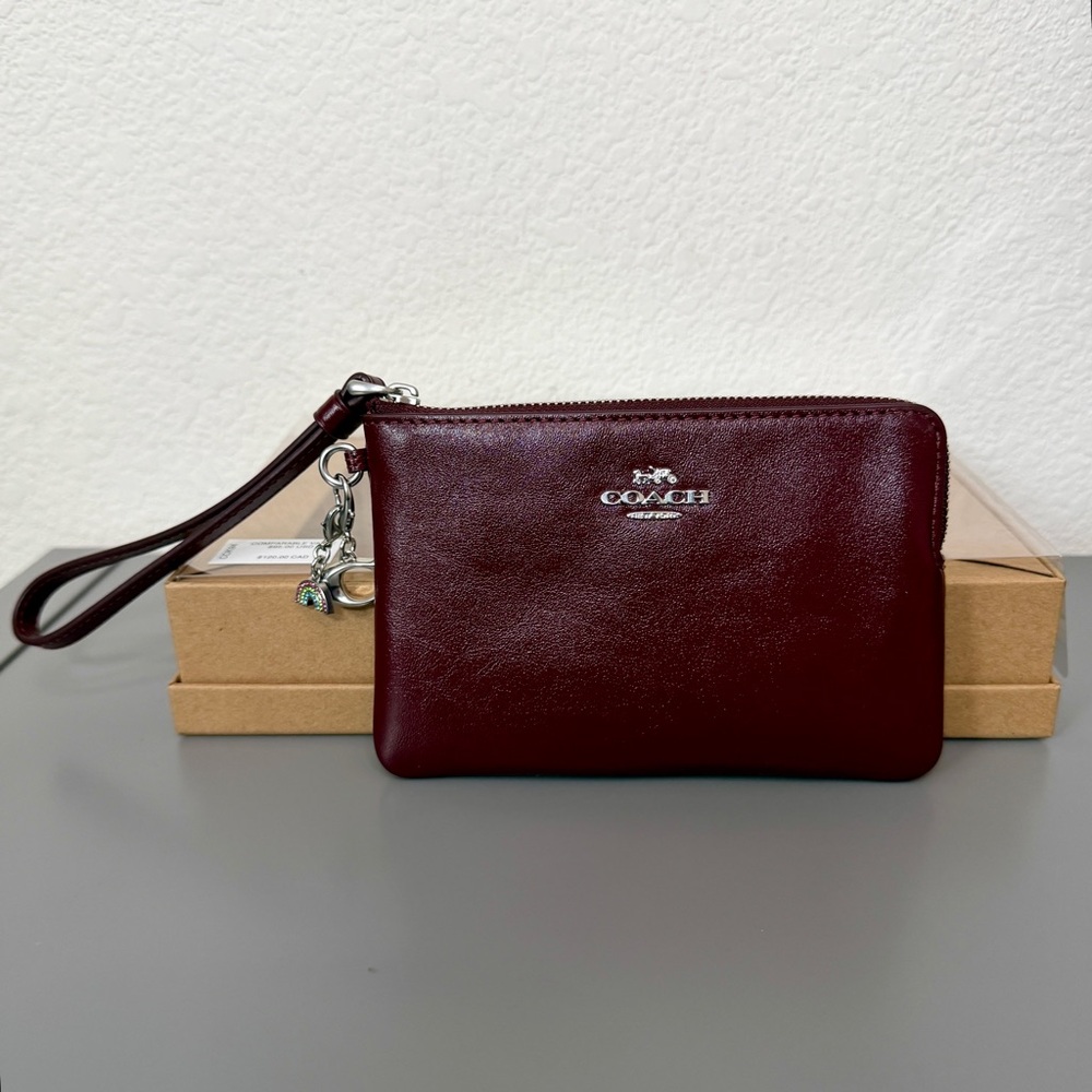 Coach Boxed Corner Zip Wristlet With Charms in Dark Wine Shiny Smooth Leather - Picture 3 of 9